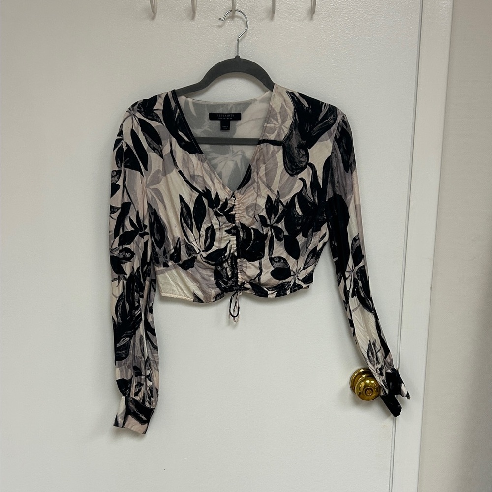 AllSaints Black & Cream Floral V-Neck Drawstring Crop Blouse US2